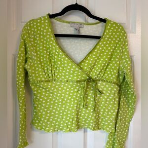 Vtg Intimates By‎ Rag Babydoll Y2K Long Sleeve Bow Top Sz M Green Hearts Crop